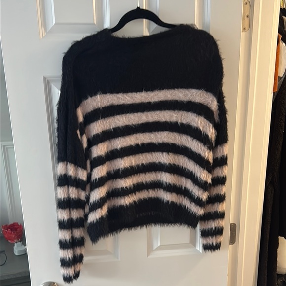 Velvet by Graham & Spencer Fuzzy Black and Cream Striped Sweater - Picture 6 of 8